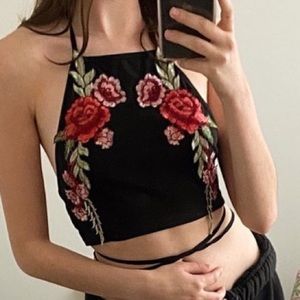 Black Rose Embroidered Top with Ties